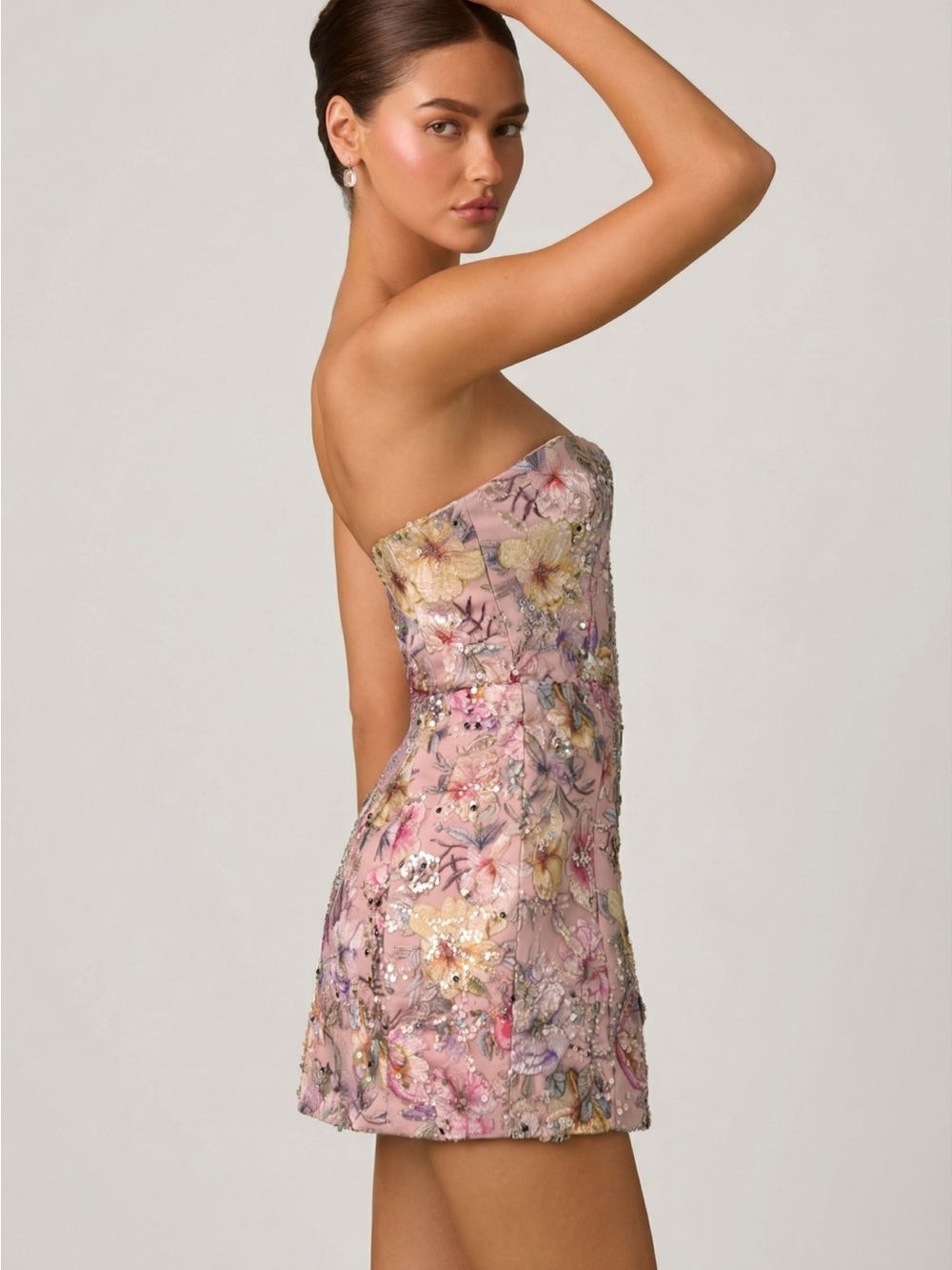 Oh Polly Pink Floral Sequin Lace-Up Mini Dress - Picture 2 of 5